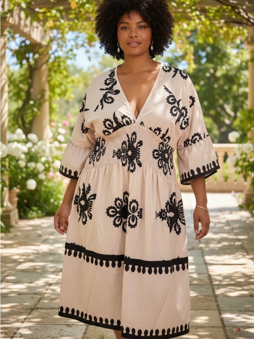 Plus Size Cream Midi Dress with Black Embroidery